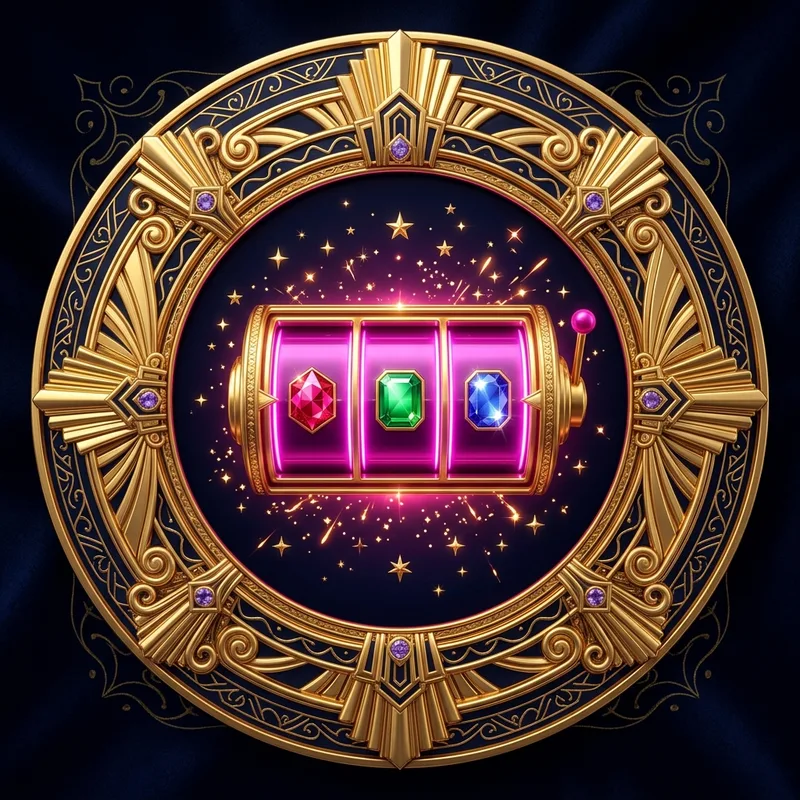 Gold art-deco casino medallion with a neon pink slot reel at its centre