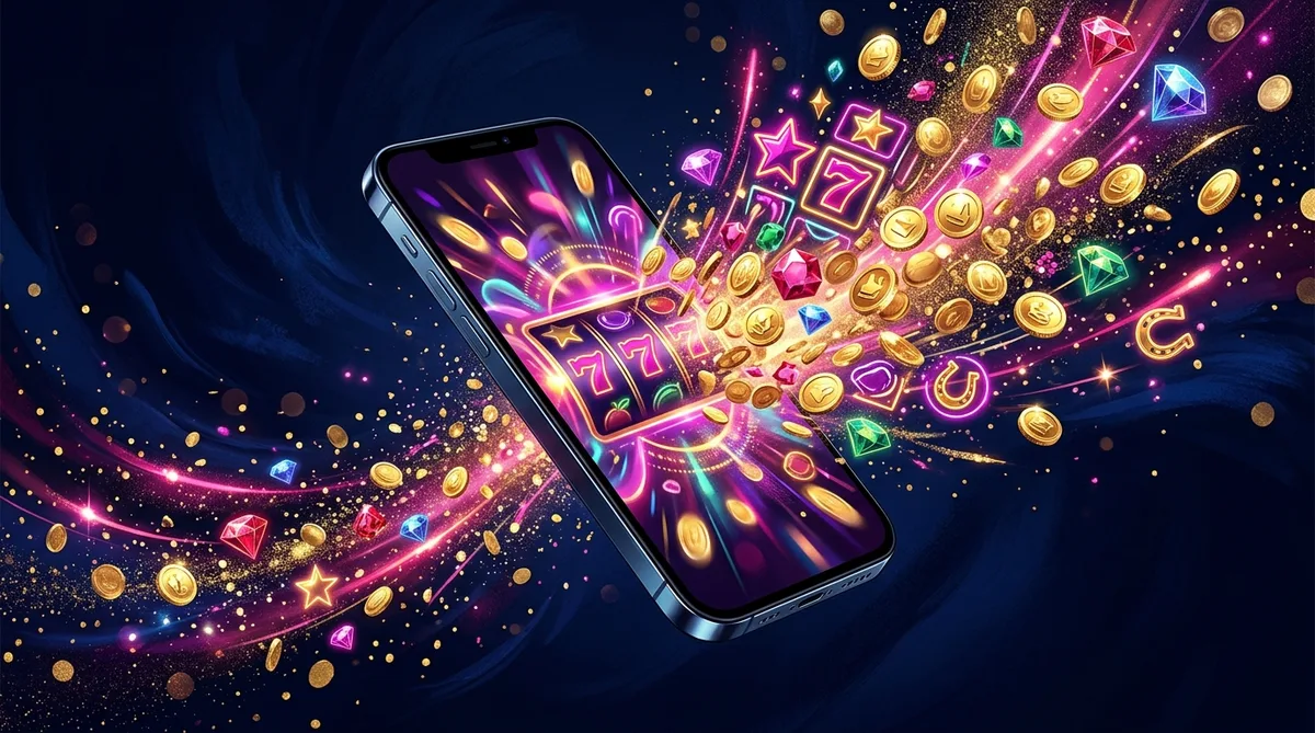 Smartphone erupting with neon slot reels, coins and gems