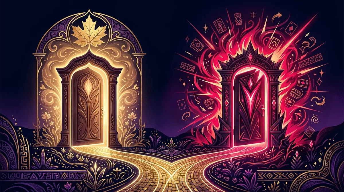 Two glowing doorways, one calm gold with a maple leaf, one chaotic red