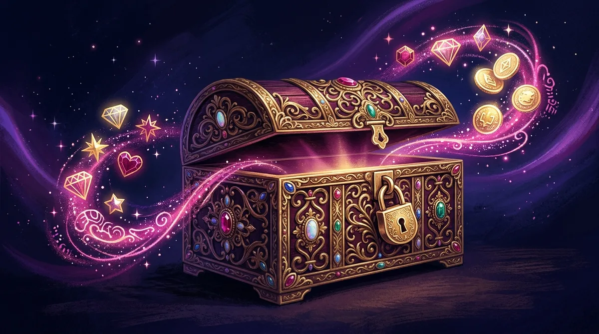 Ornate treasure chest slightly open with a padlock, glow escaping