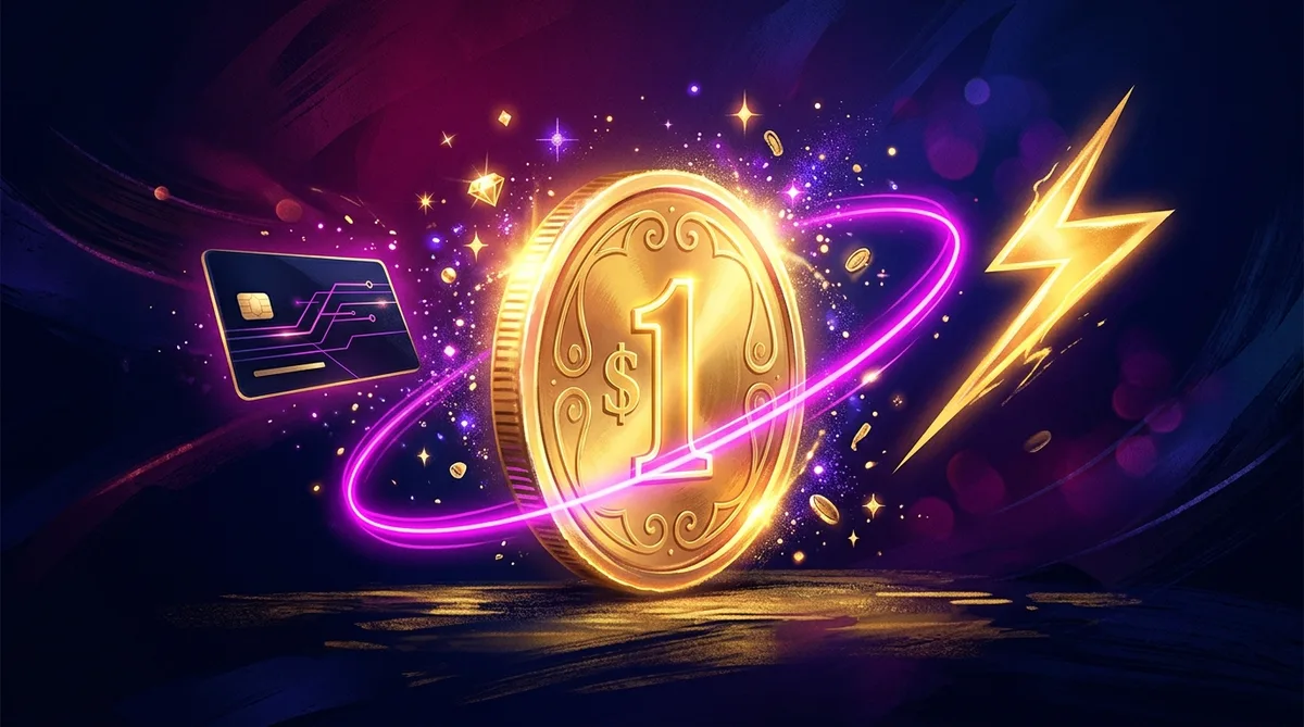 Giant gold one dollar coin ringed by a neon orbit with a bank card and lightning bolt