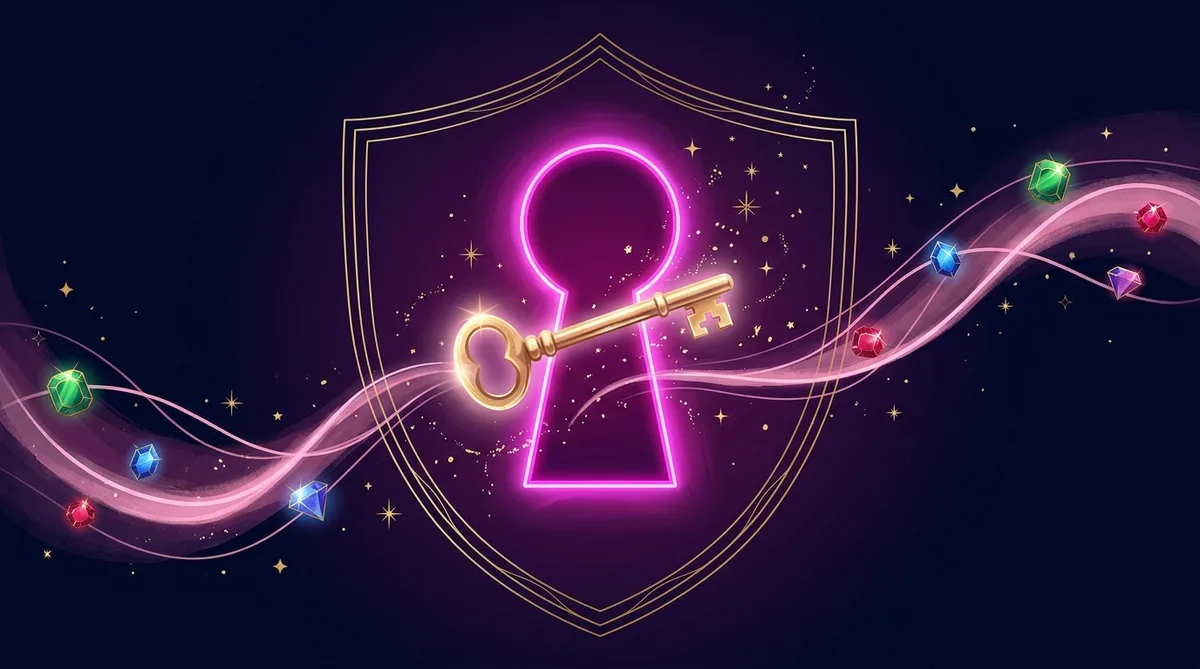 Neon pink keyhole with a golden key and shield outline on dark background