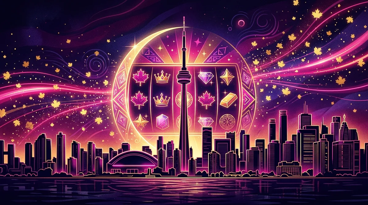 Toronto skyline with CN Tower under a giant glowing slot reel moon