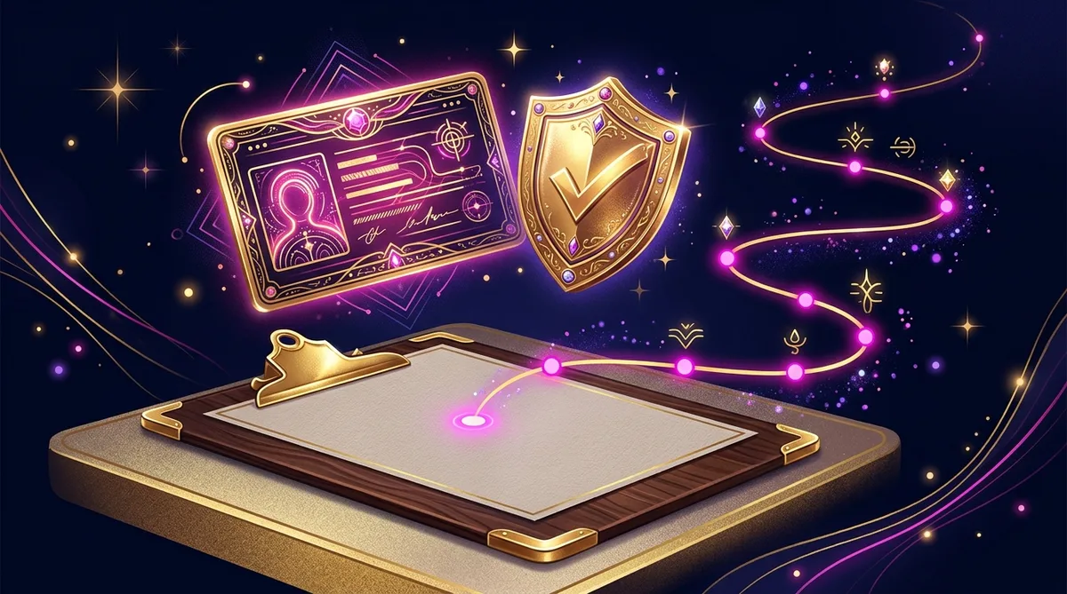 Glowing identity card, gold checkmark shield and a winding step path