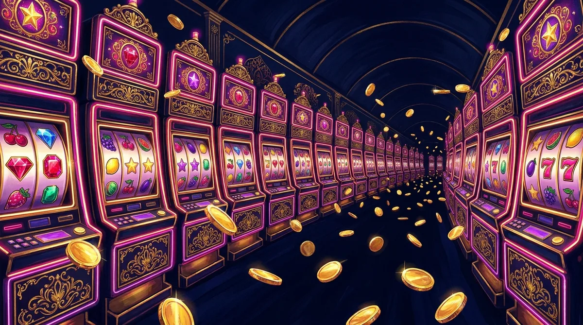 Corridor of glowing slot machines with coins drifting in the air