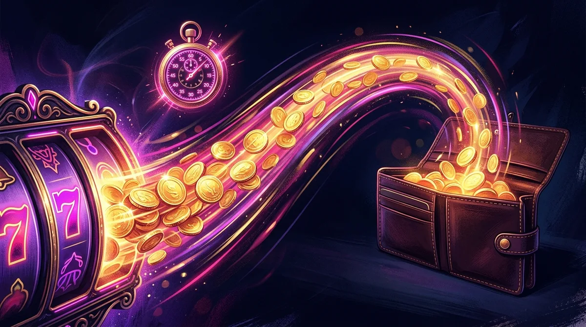 Stream of gold coins flowing from a slot reel into a wallet with a stopwatch