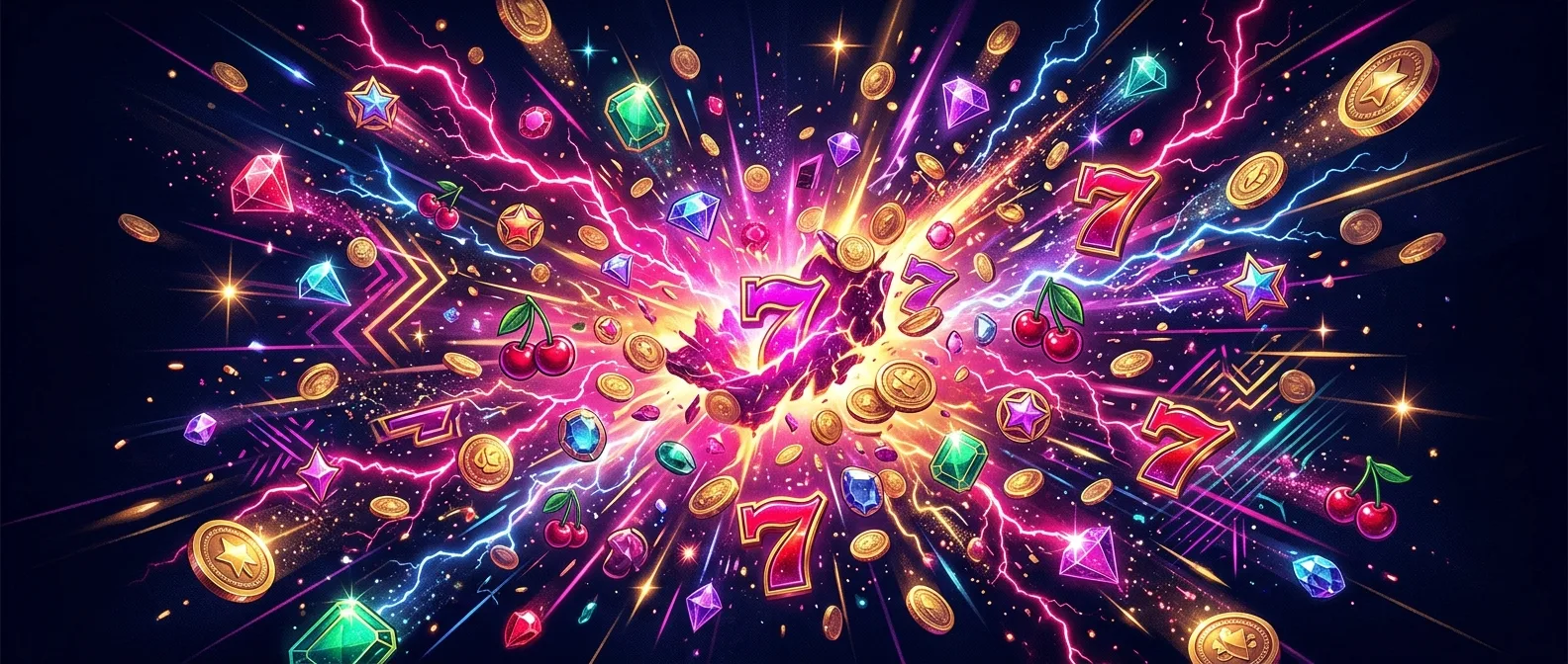 Explosive burst of slot symbols, coins and neon lightning on dark ink background